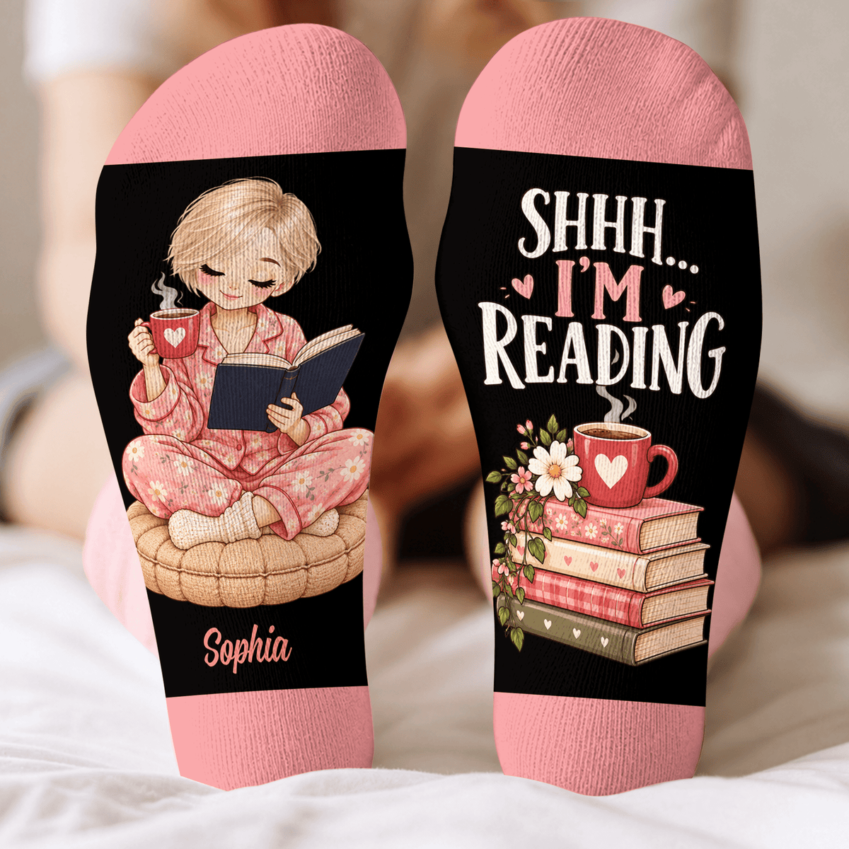 Custom Book Socks with Black Reader Art, Socks for Women and Men with Comfort, Christmas Gifts and Book Lovers Gifts for Reading Time, Pallyprints Co.