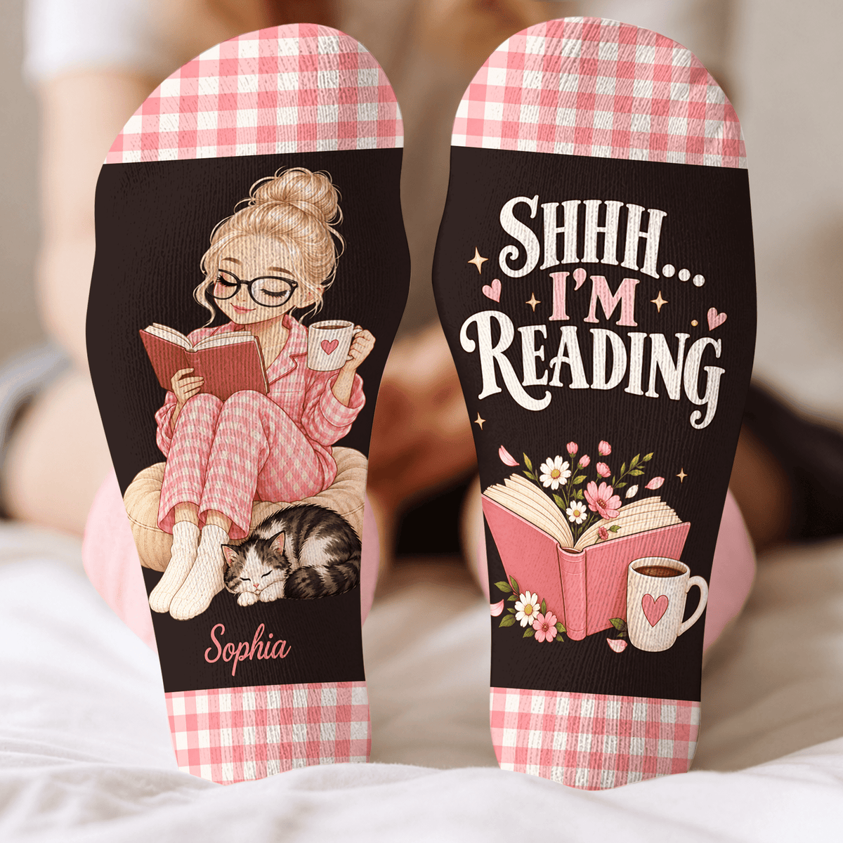Short Hair Reader Custom Book Socks, Socks for Women and Men with Comfort, Book Lovers Gifts and Christmas Gifts for Quiet Reading, Pallyprints Co.