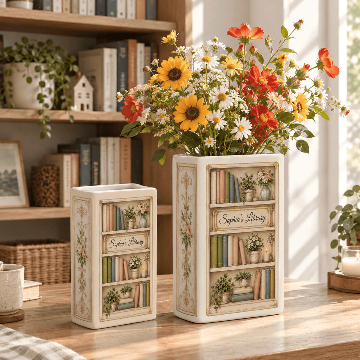 Custom Book Shelf Flower Vase Library Botanical Floral Vase Home Accent Piece Holder
