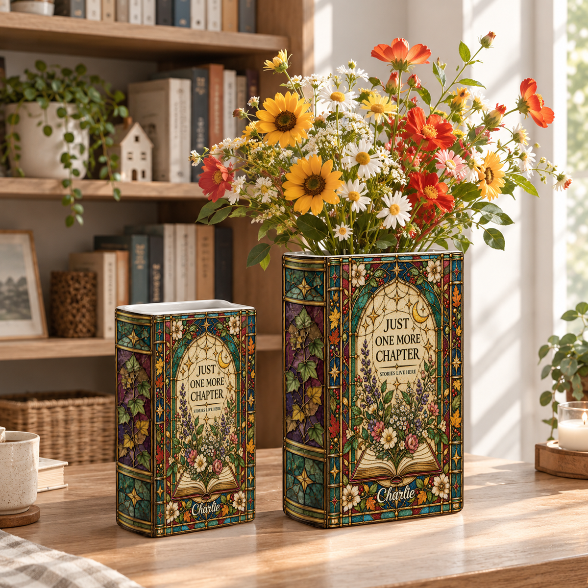 Custom Book Vase Just One More Chapter Stained Glass Floral Flower Holder Centerpiece