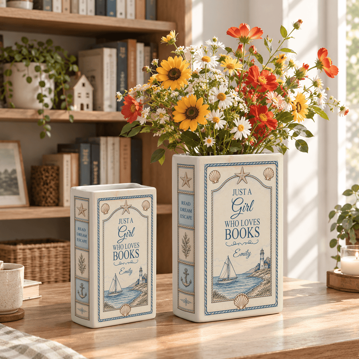 Custom Book Vase Just A Girl Who Loves Books Nautical Floral Flower Holder Centerpiece
