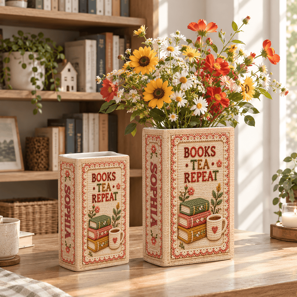 Custom Book Flower Vase Books Tea Repeat Floral Centerpiece Bookish Gift for Book Lovers