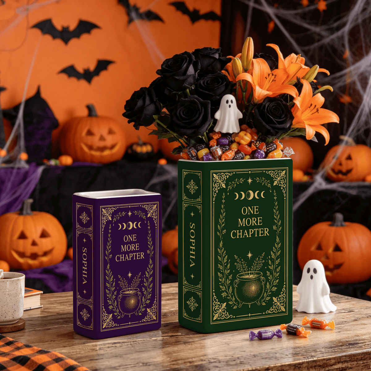 Custom Book Flower Vase One More Chapter Spooky Halloween Floral Bookish Decor Gift