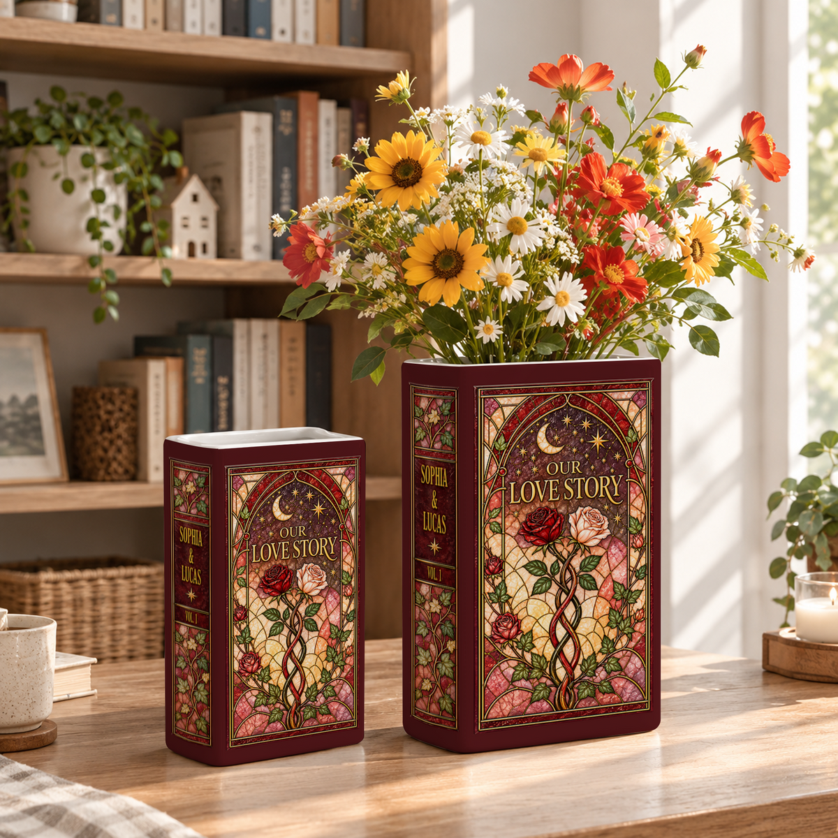 Custom Wedding Book Vase Stained Glass Roses Ceramic Flower Tabletop Floral Planter Pot
