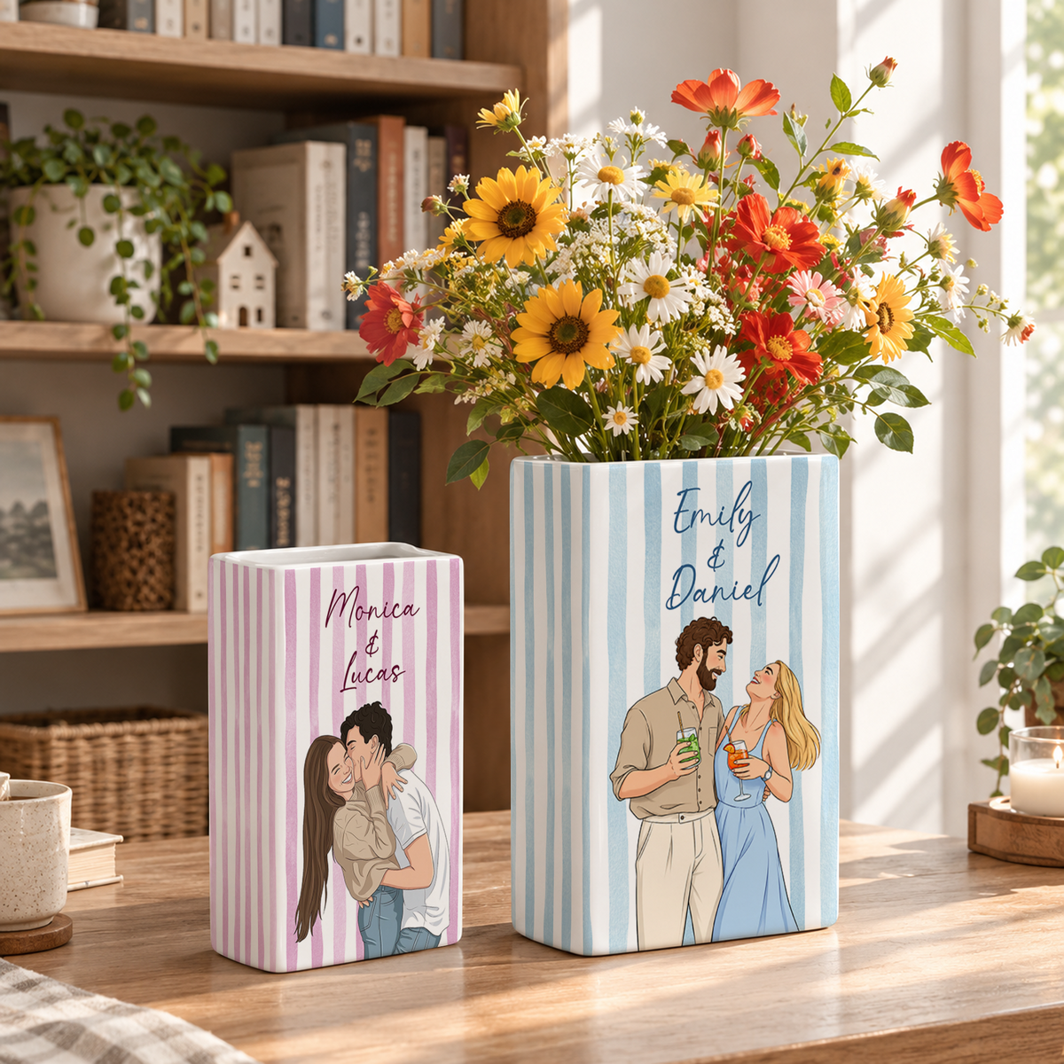 Custom Wedding Book Vase Couple Portrait Striped Pattern Ceramic Flower Tabletop Holder