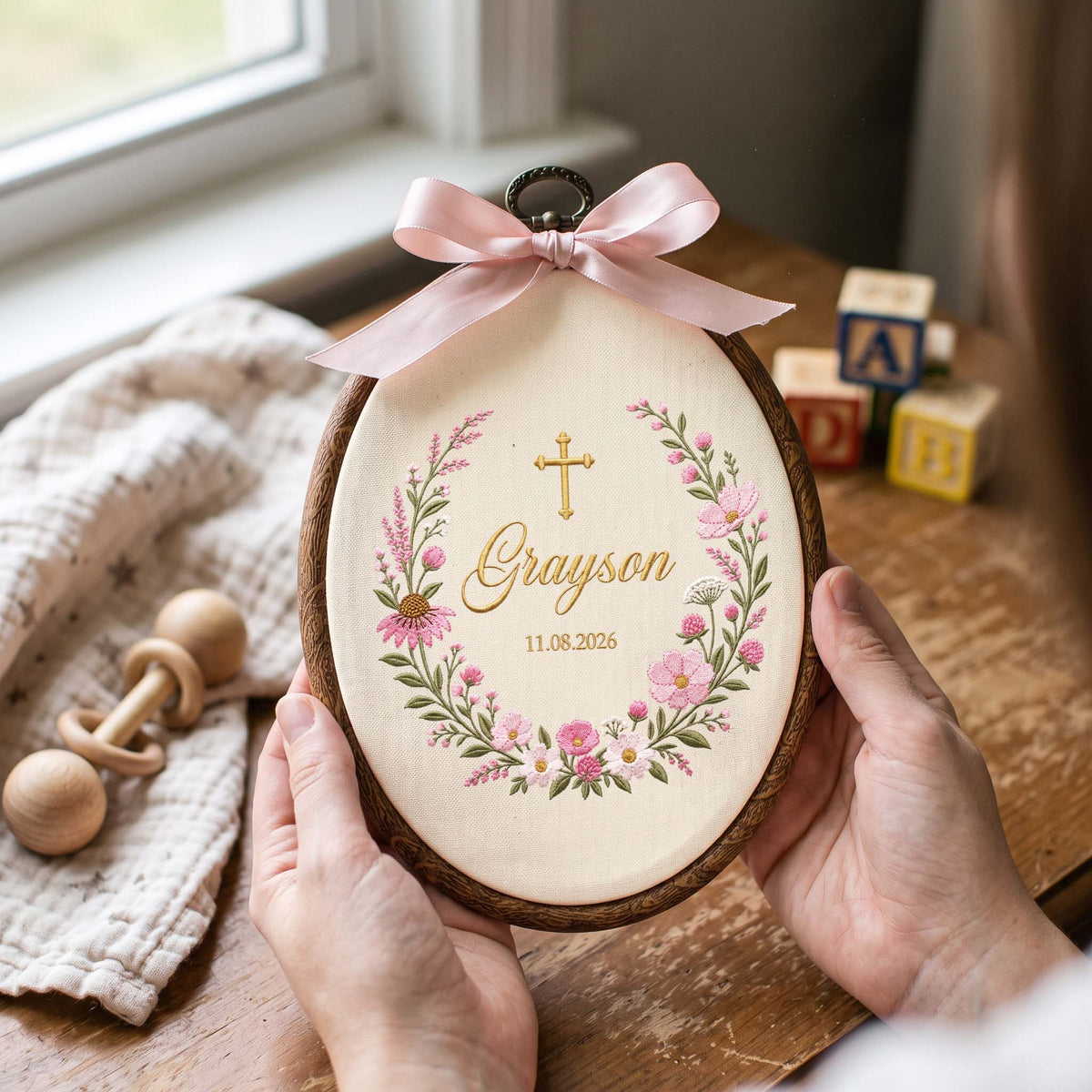 Personalized Embroidered Baby Name Hoop Floral Wreath Baptism Gift Nursery Wall Decor