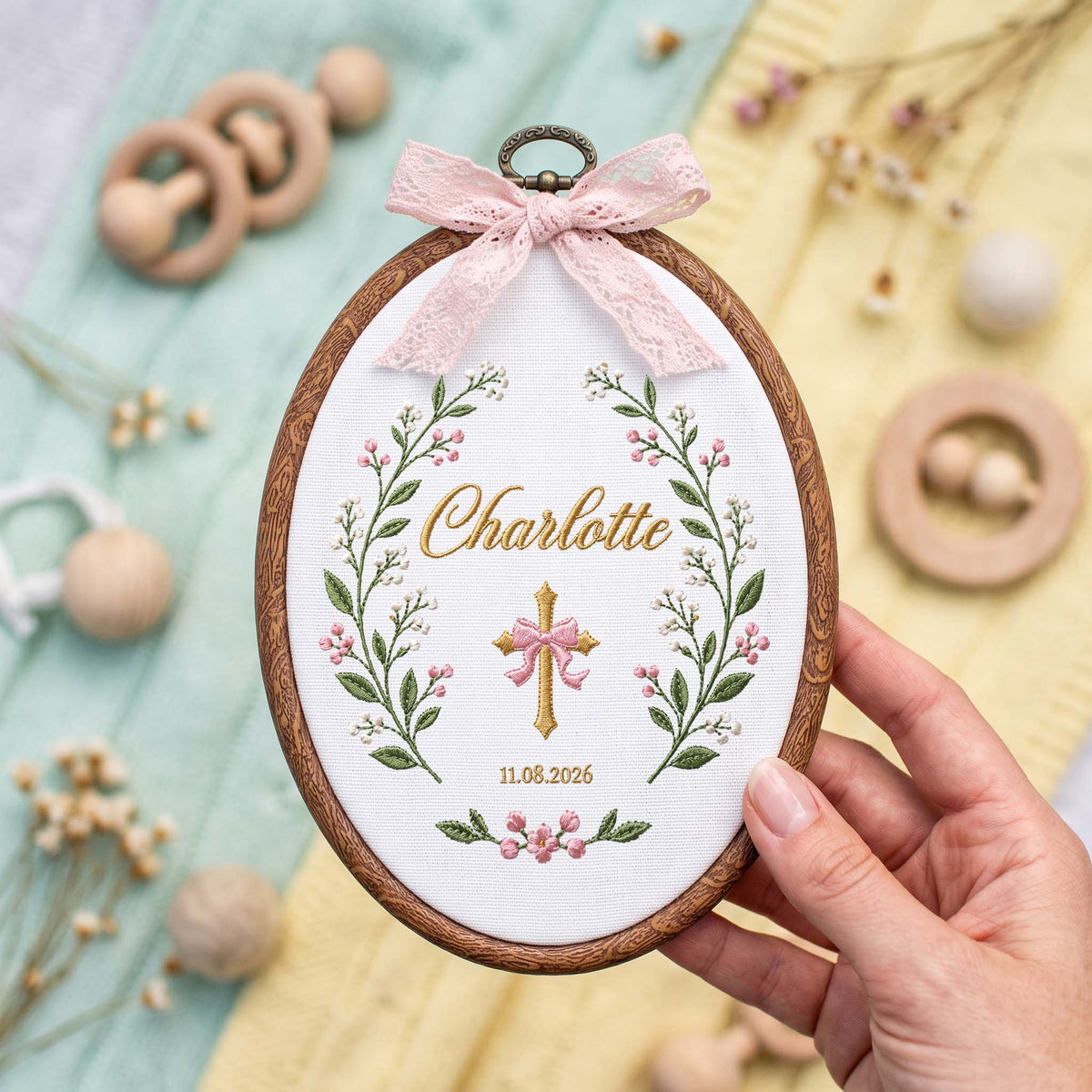 Custom Embroidered Baby Name Hoop Cross Pink Floral Baptism Gift Nursery Wall Decor