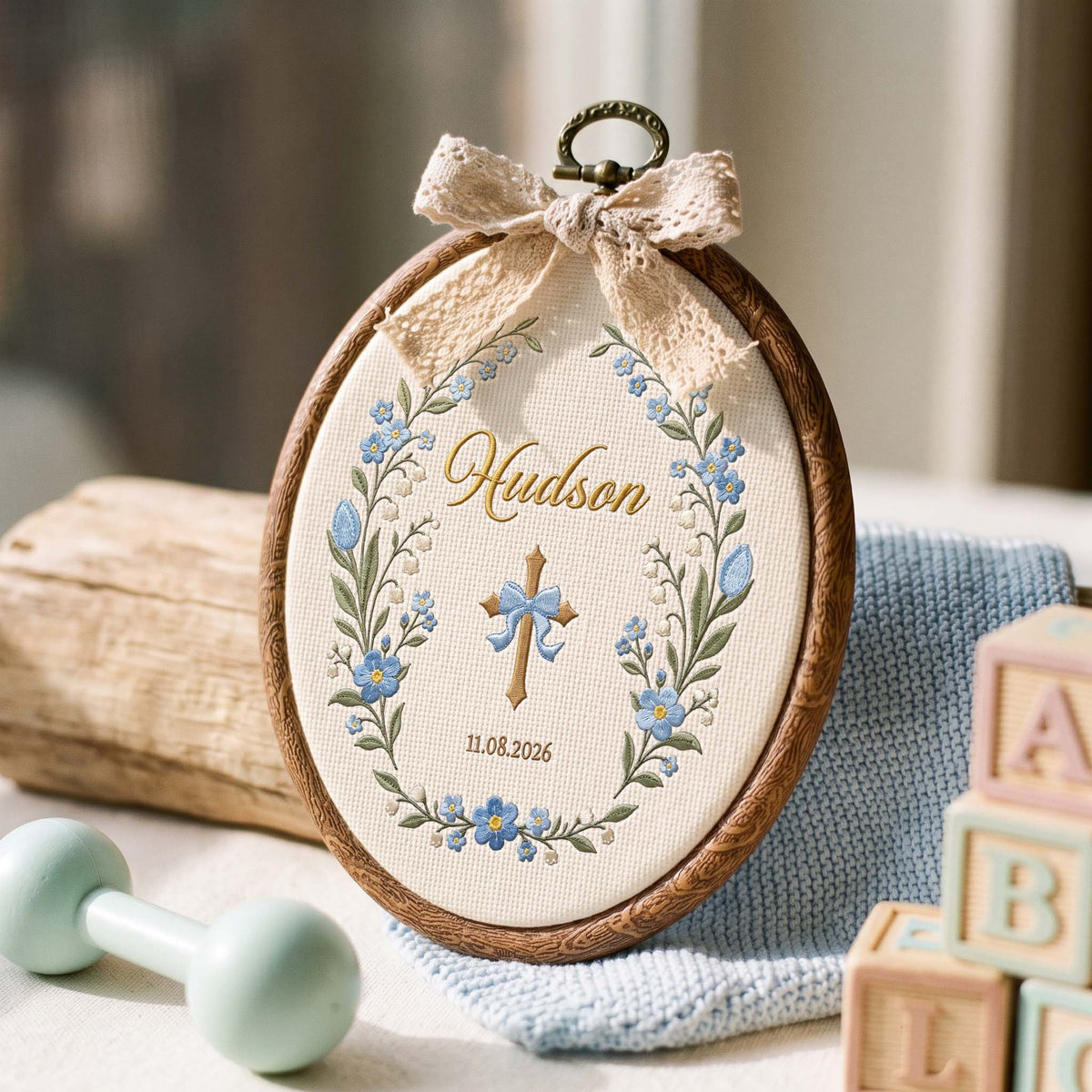 Custom Baby Name Embroidery Hoop Cross Blue Bow Baptism Gift Nursery Wall Decor