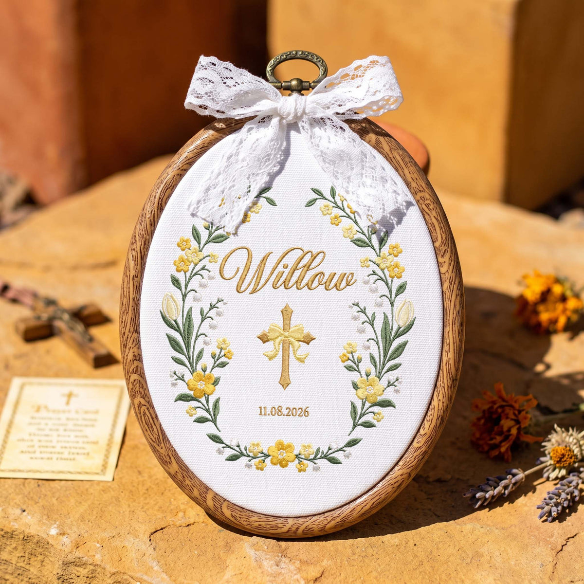 Custom Baby Name Embroidery Hoop Cross Yellow Bow Baptism Gift Nursery Wall Decor
