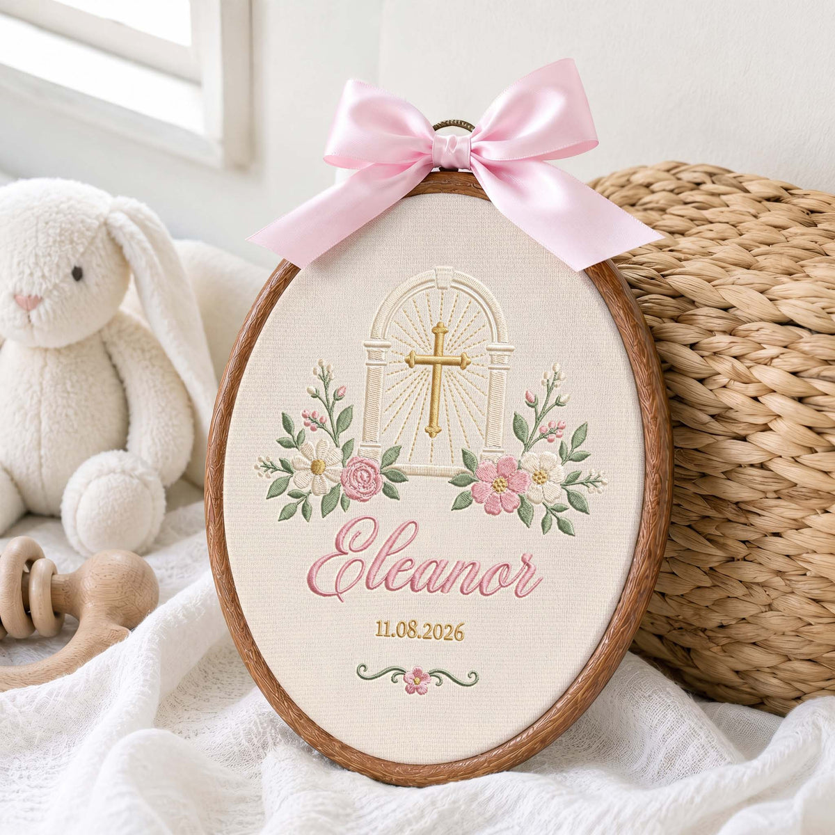 Custom Embroidered Baby Name Hoop Cross Clouds Baptism Gift Custom Nursery Decor