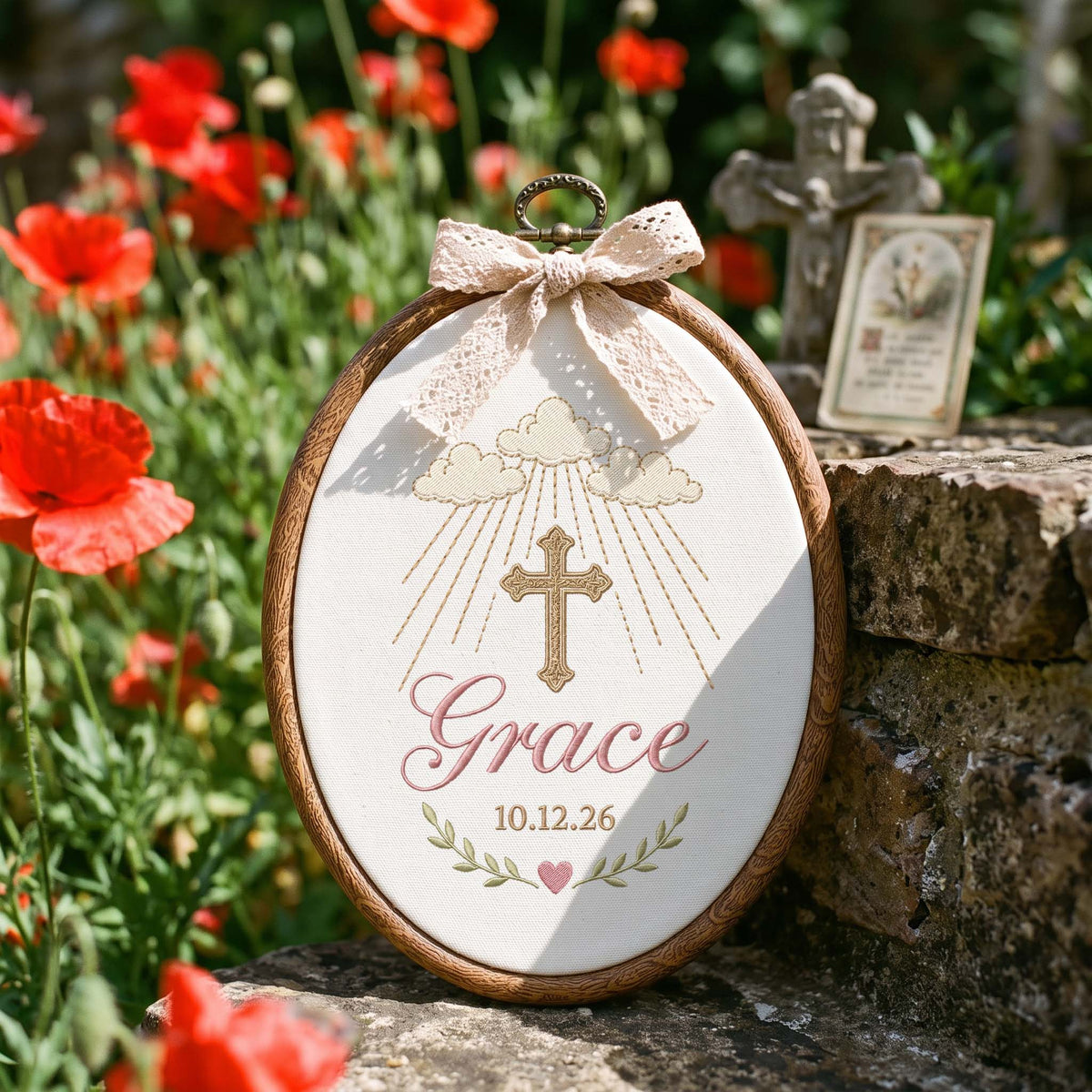 Personalized Baby Name Embroidery Hoop Cross Sun Rays Baptism Gift Nursery Decor