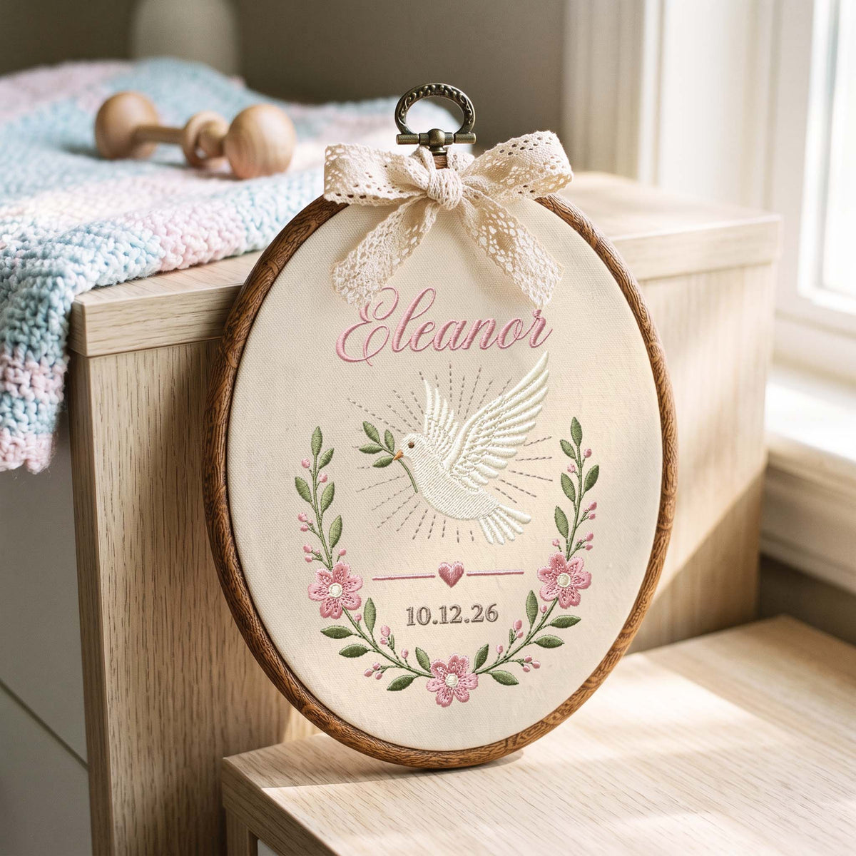 Personalized Baby Name Embroidery Hoop Holy Spirit Dove Baptism Gift Nursery Decor