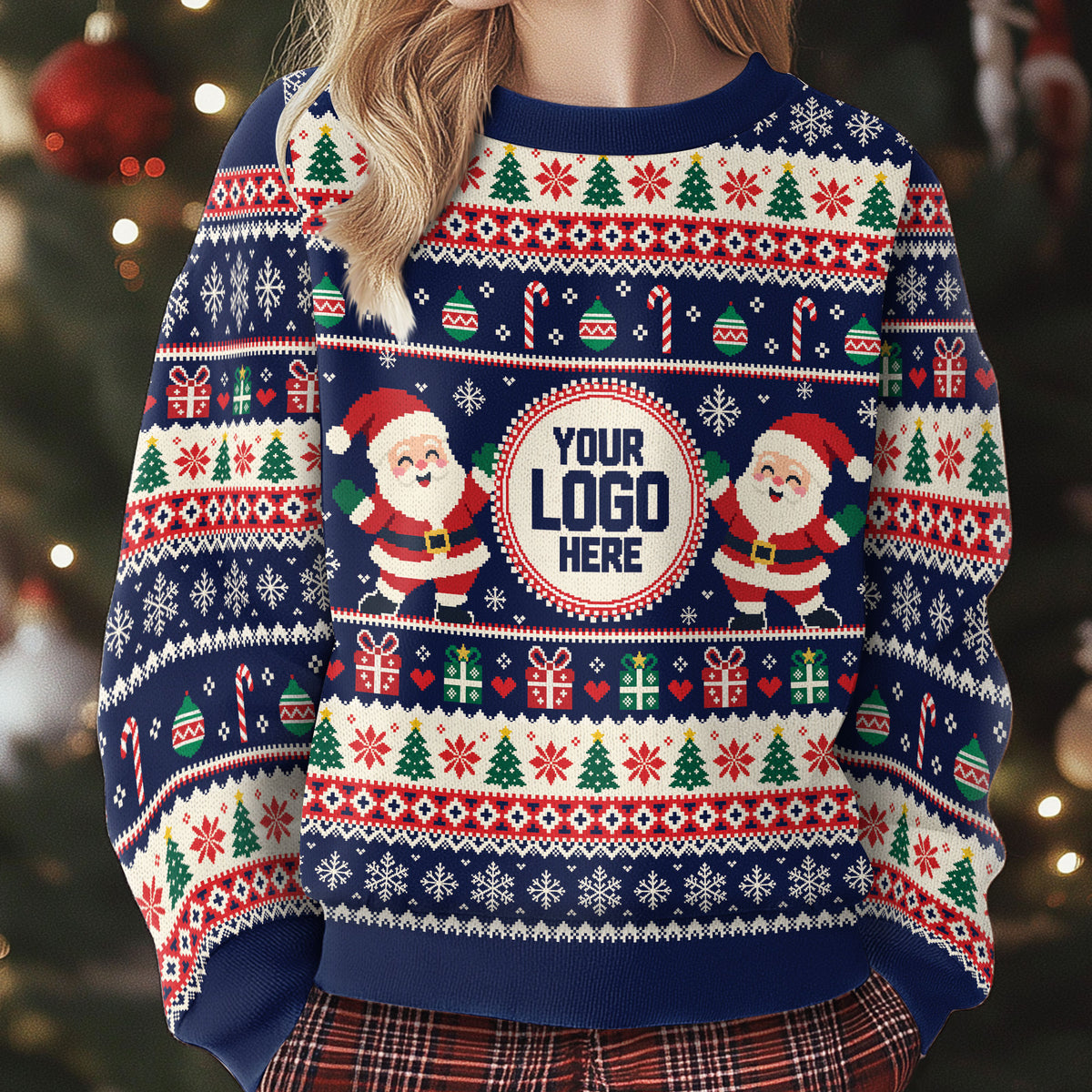 Custom Logo Ugly Christmas Sweater Santa Claus Christmas Tree Holiday Jumper
