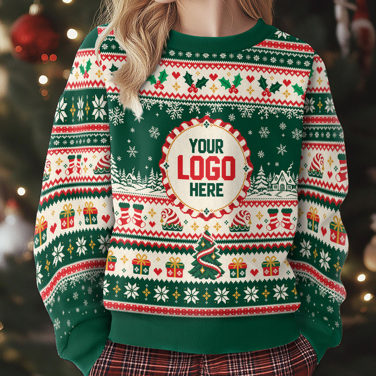 Custom Logo Ugly Christmas Sweater Holly Berry Stocking Patterned Holiday Jumper