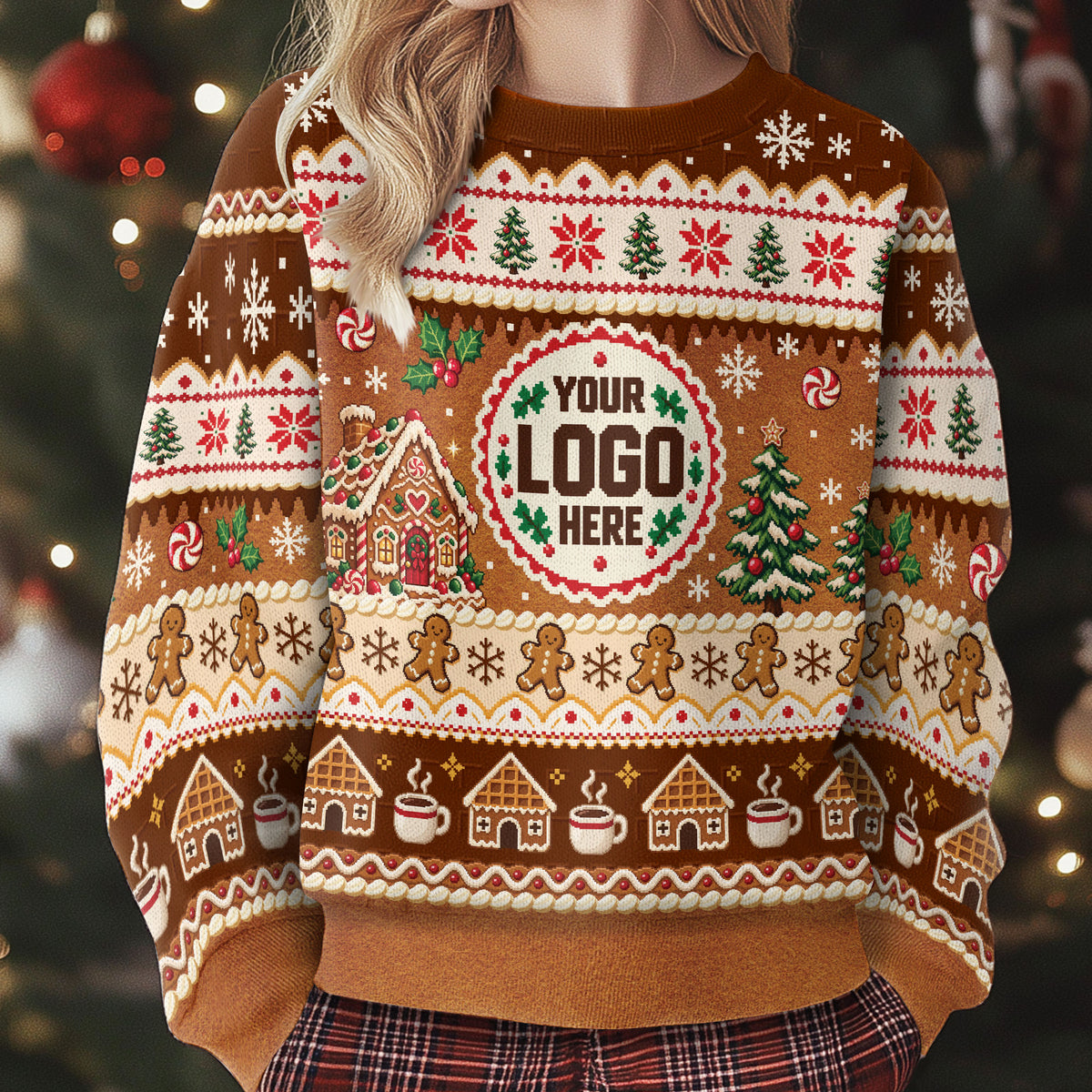 Custom Logo Ugly Christmas Sweater Gingerbread House Man Patterned Holiday Jumper