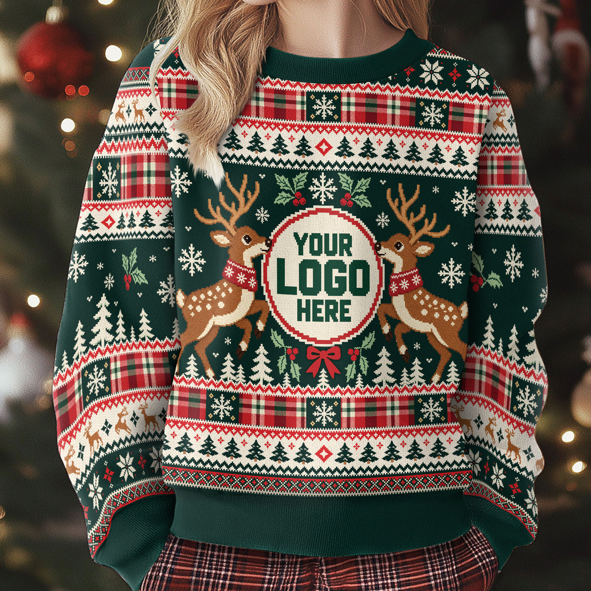 Custom Logo Ugly Sweater Green Reindeer Holly Berry Plaid Patterned Xmas Pullover