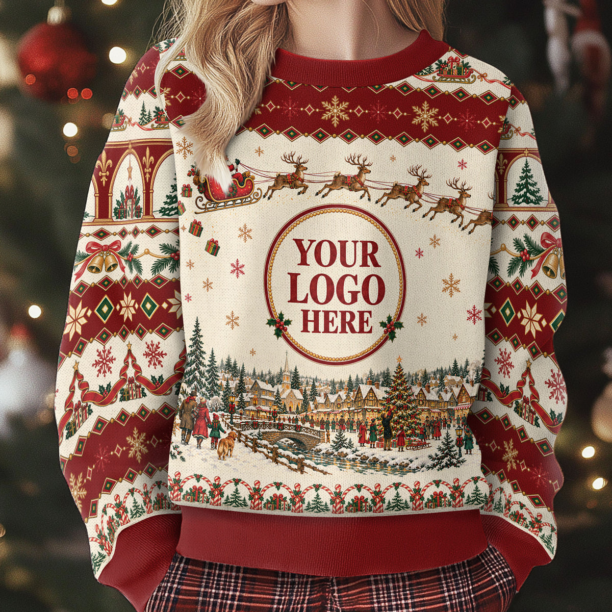 Custom Logo Ugly Christmas Sweater Vintage Santa Sleigh Reindeer Town Holiday Jumper