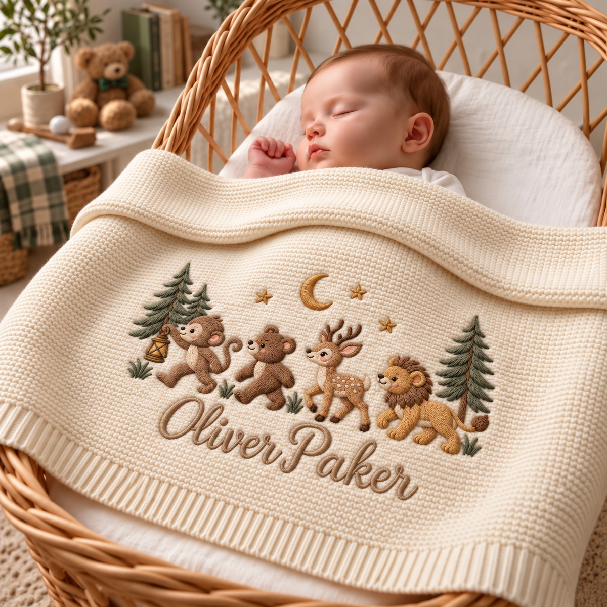 Personalized Embroidered Baby Blanket Custom Name Woodland Animal Knit Blanket Nursery Gift