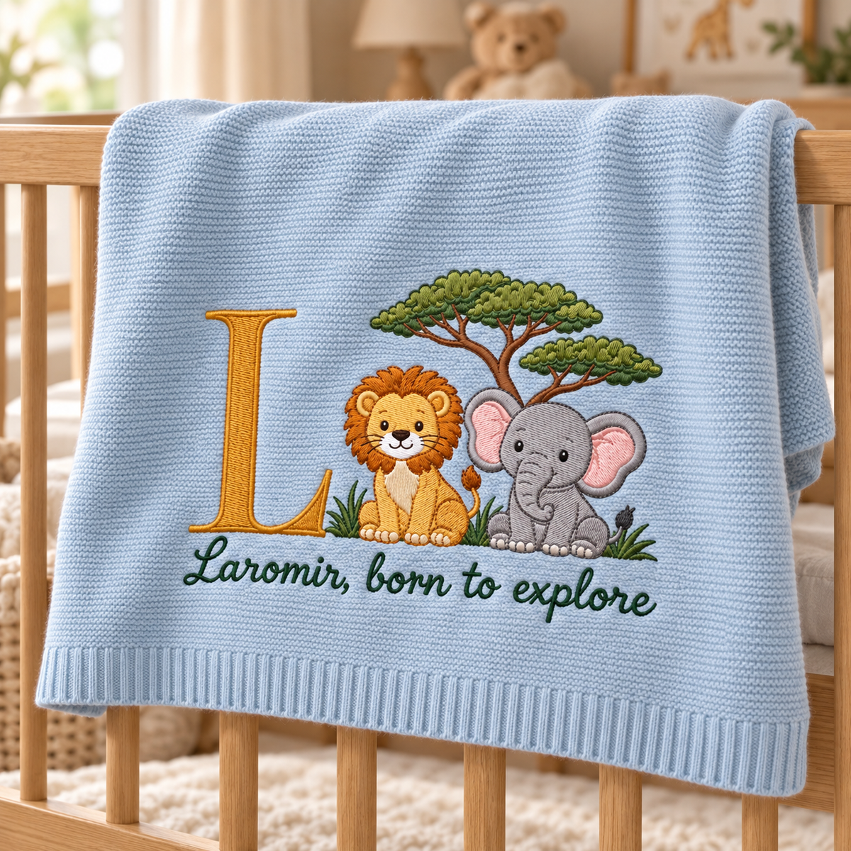 Personalized Embroidered Baby Blanket Custom Initial Lion Elephant Knit Nursery Gift