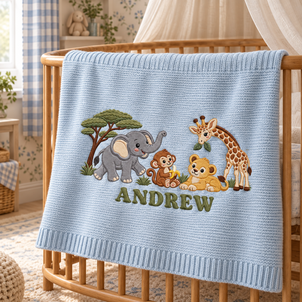 Custom Embroidered Baby Blanket Personalized Safari Animal Knit Blanket Baby Shower Gift