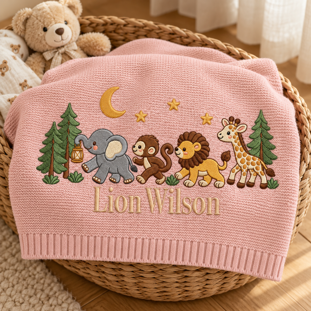 Personalized Embroidered Baby Blanket Custom Elephant Lion Giraffe Knit Baby Shower Gift