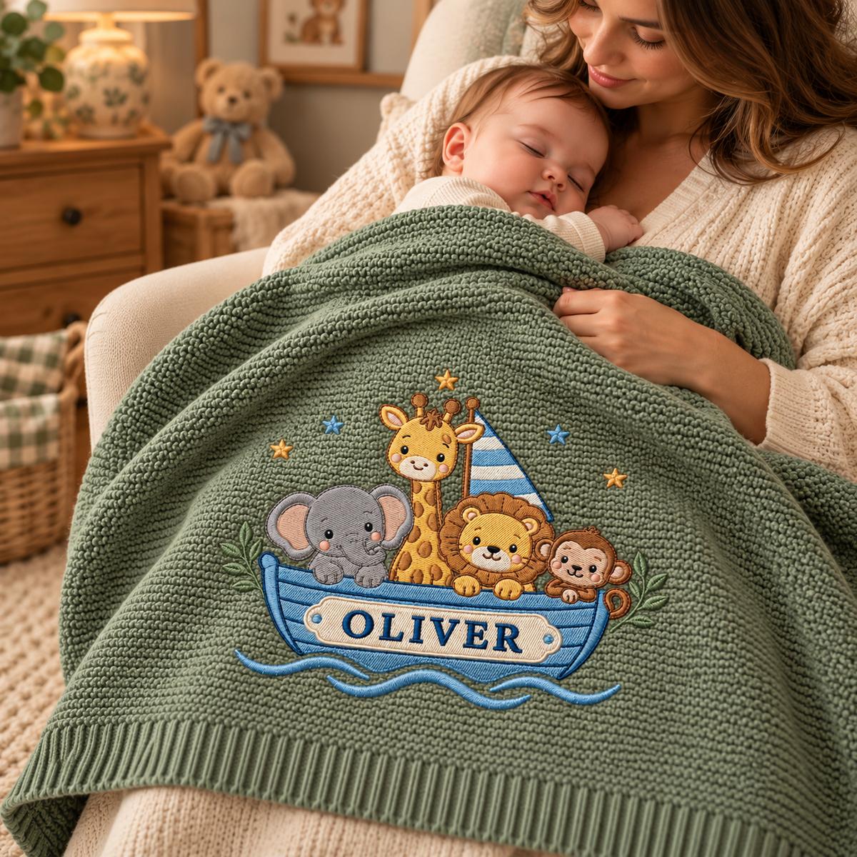 Personalized Embroidered Baby Blanket Custom Name Noah Ark Boat Knit Nursery Blanket