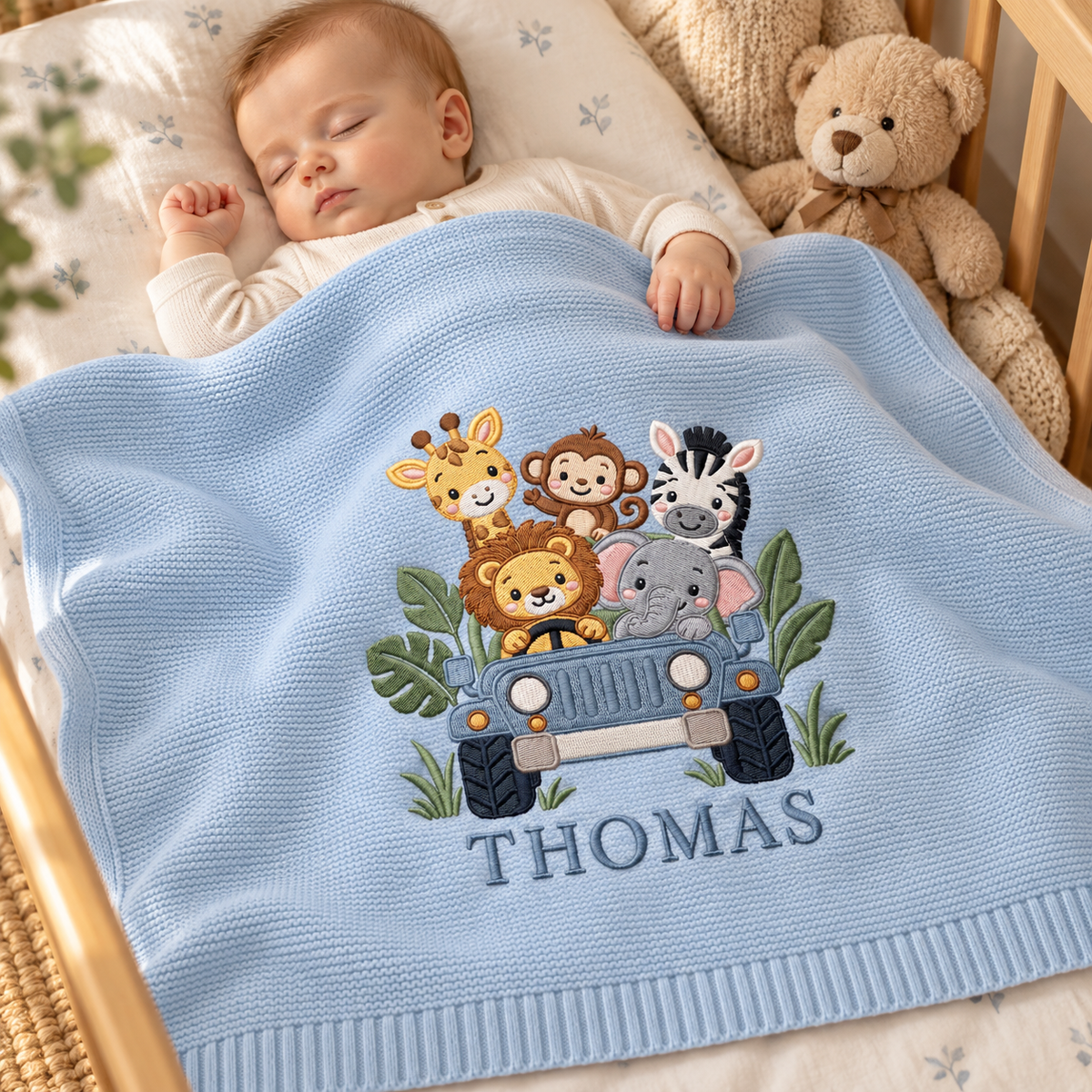Custom Embroidered Baby Blanket Personalized Safari Car Animal Knit Baby Shower Gift