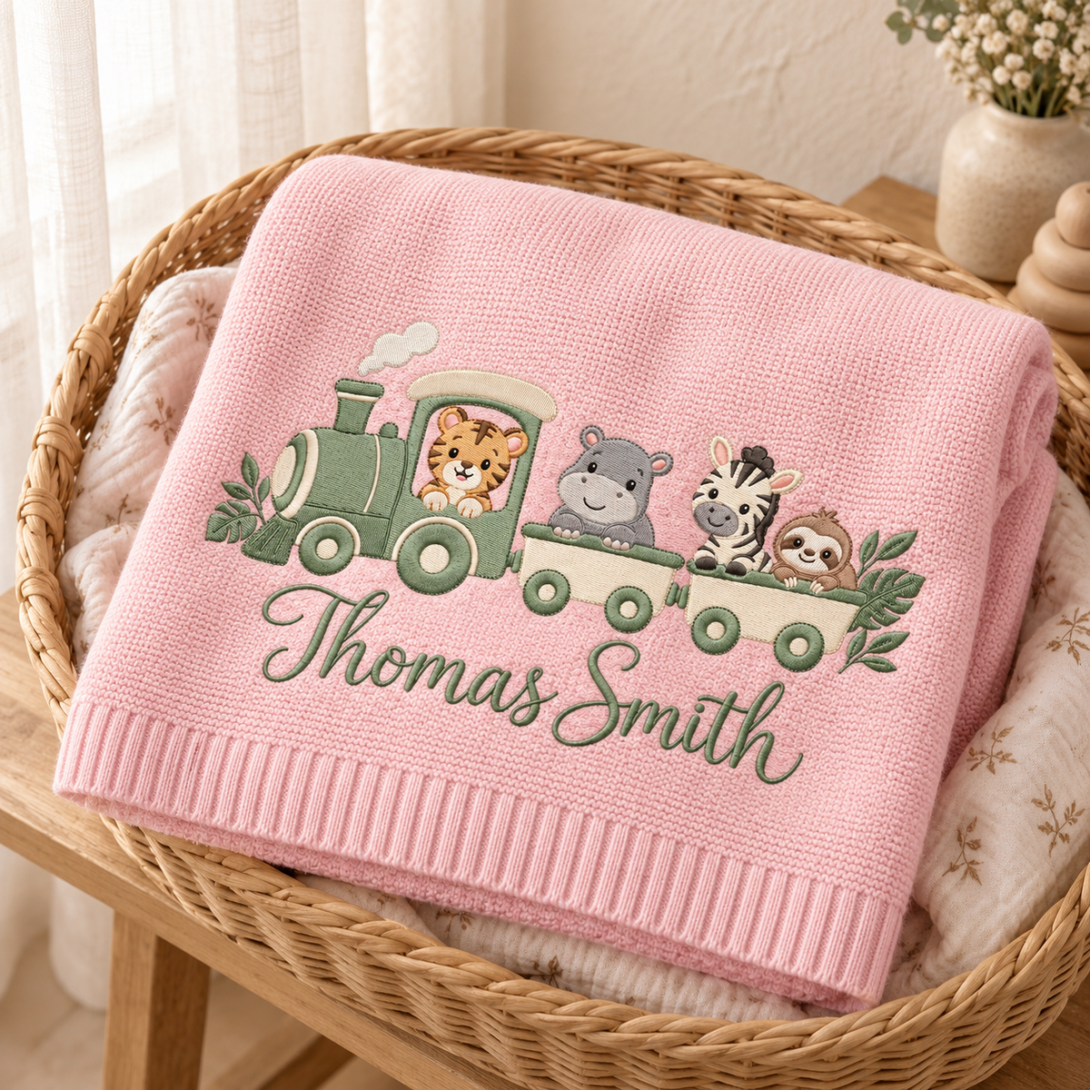 Personalized Embroidered Baby Blanket Custom Name Safari Train Knit Nursery Blanket
