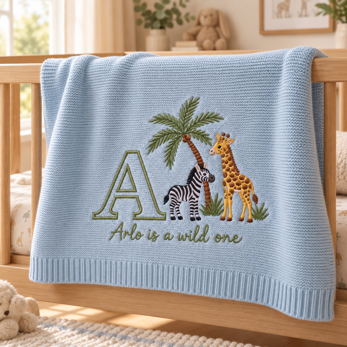 Personalized Embroidered Baby Blanket Custom Initial Wild One Knit Nursery Blanket