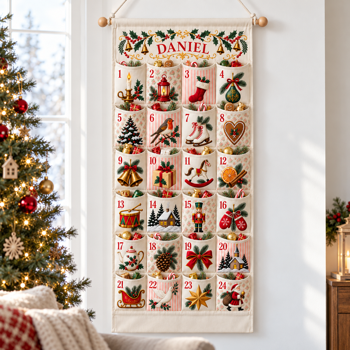 Custom Name Embroid Christmas Advent Calendar Classic Holiday Wall Hanging Pocket