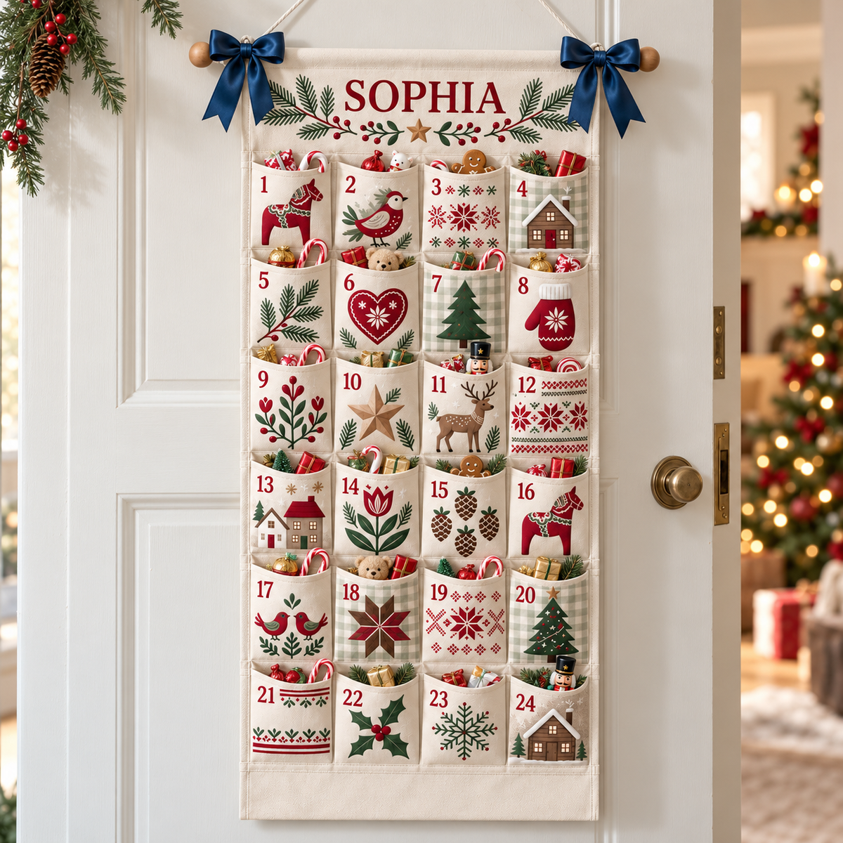 Custom Name Embroid Christmas Advent Calendar Nordic Folk Art Wall Hanging Pocket