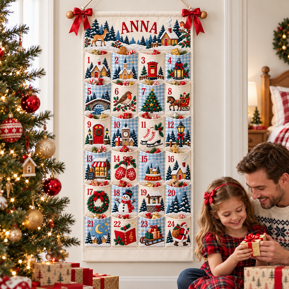 Custom Name Embroid Christmas Advent Calendar Country Village Wall Hanging Pocket