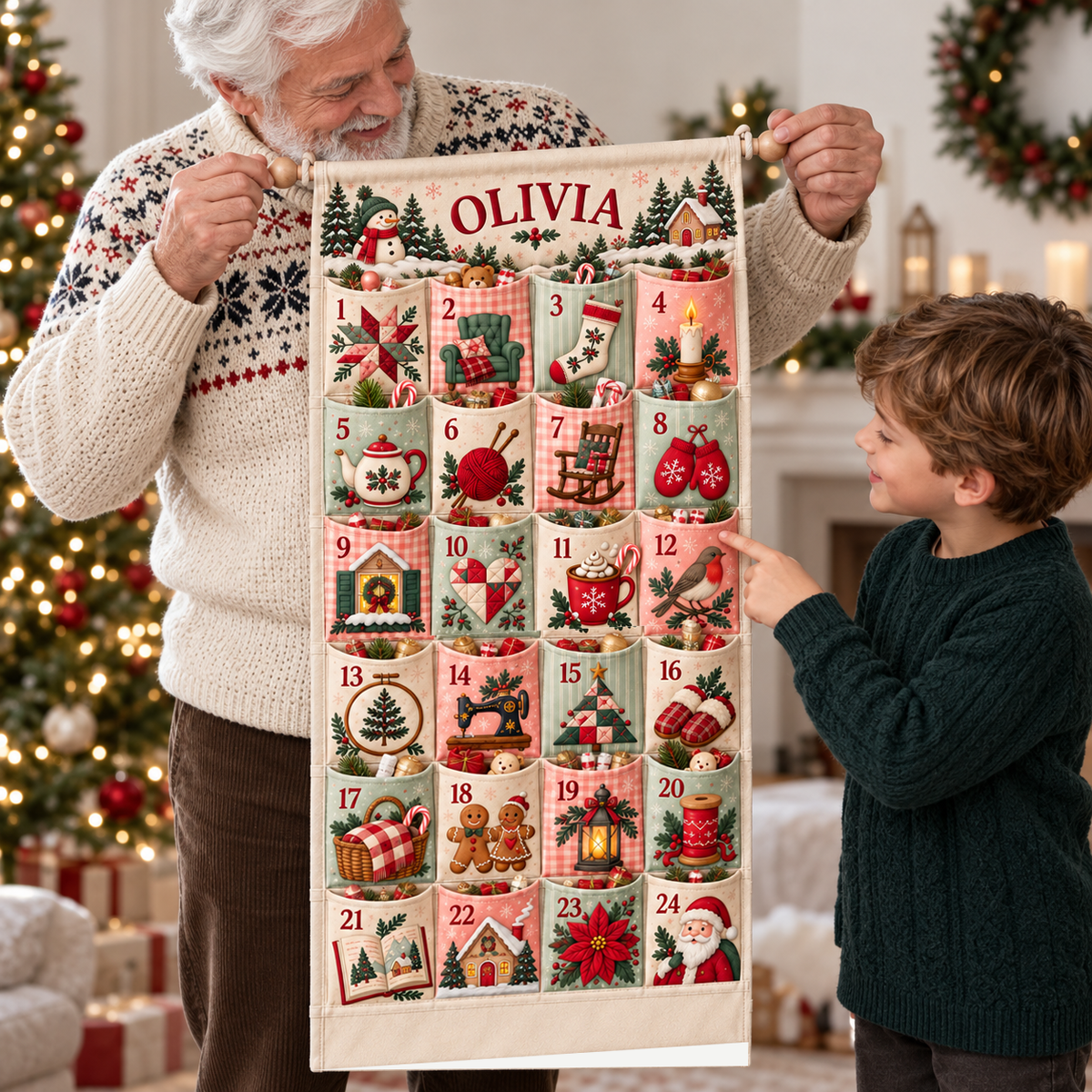 Custom Name Embroid Christmas Advent Calendar Cozy Handcraft Wall Hanging Pocket