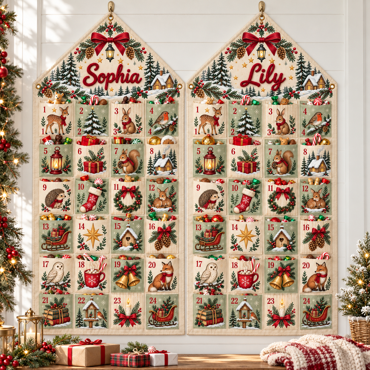Custom Name Embroid Christmas Advent Calendar Woodland Animal Wall Hanging Pocket