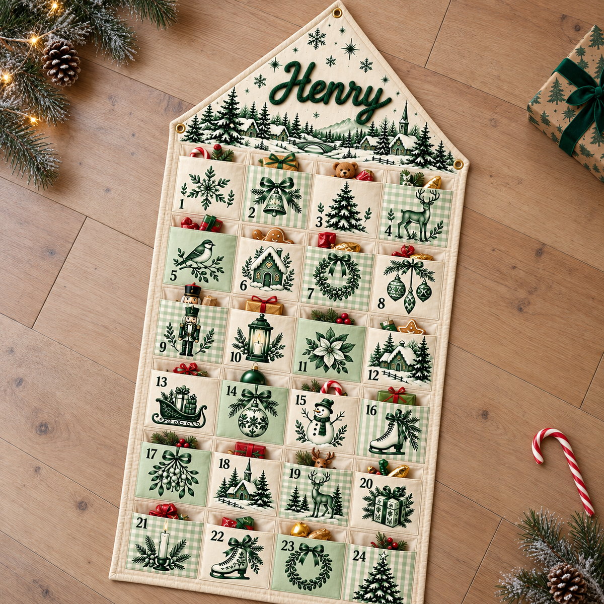 Custom Name Embroid Christmas Advent Calendar Toile De Jouy Vintage Wall Hanging Pocket