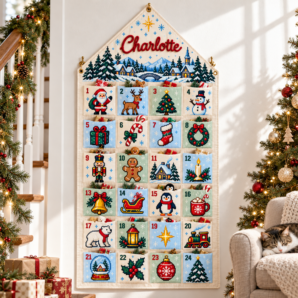 Custom Name Embroid Christmas Advent Calendar Pixel Art Santa Wall Hanging Pocket