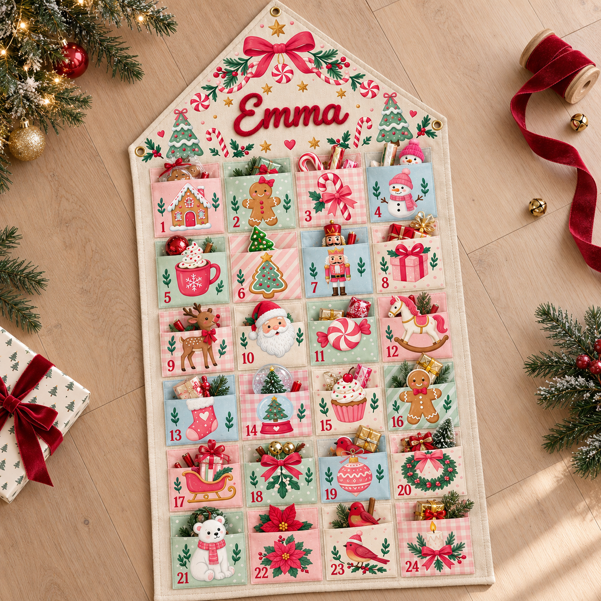 Custom Name Embroid Christmas Advent Calendar Gingerbread Santa Wall Hanging Pocket