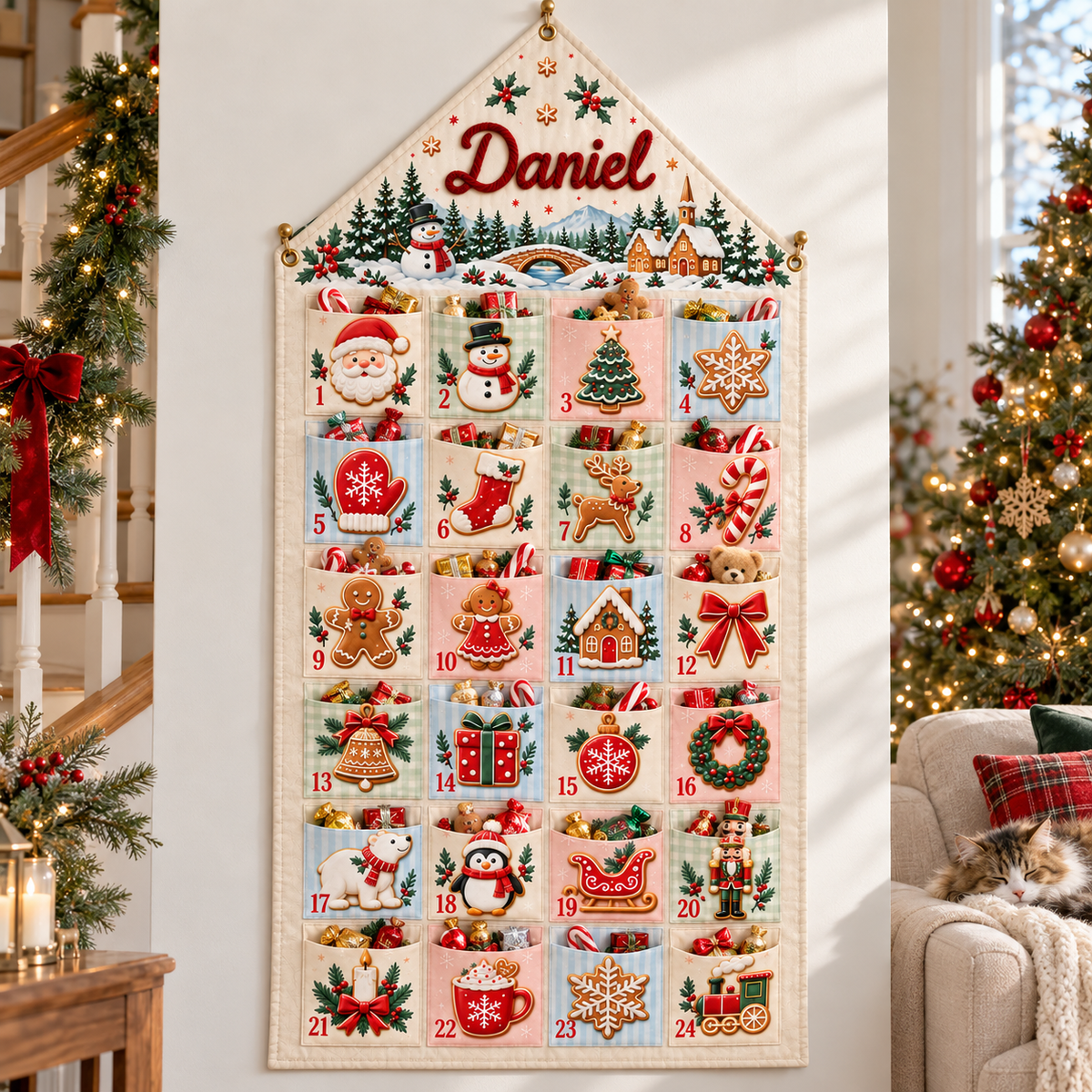 Custom Name Embroid Christmas Advent Calendar Gingerbread Snowman Wall Hanging Pocket