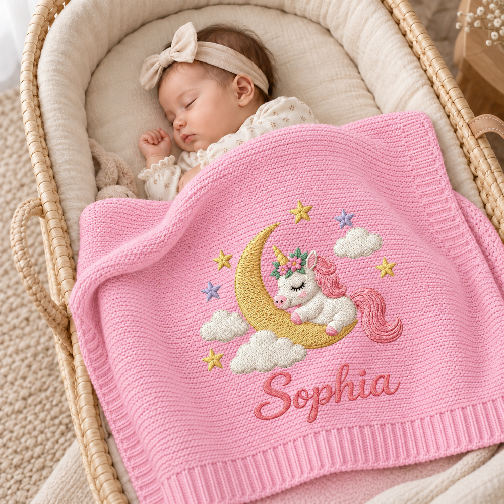 Custom Baby Blanket Embroidered Unicorn Moon Stars Name Knitted Nursery Swaddle Wrap