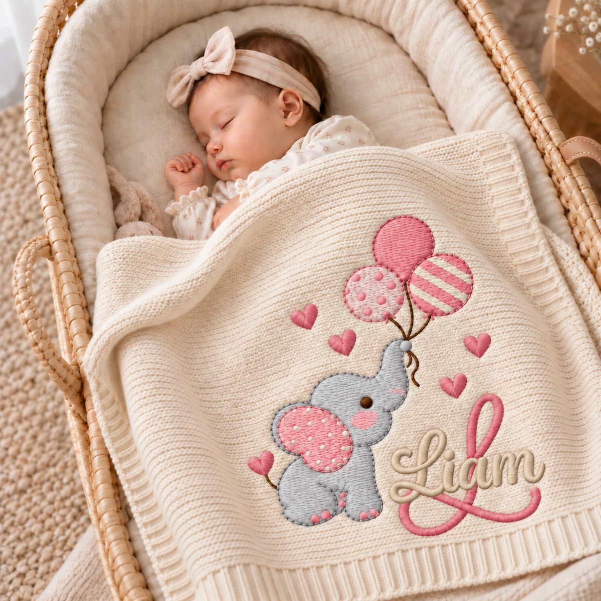 Custom Baby Blanket Embroidered Elephant Balloons Name Knitted Nursery Swaddle Wrap