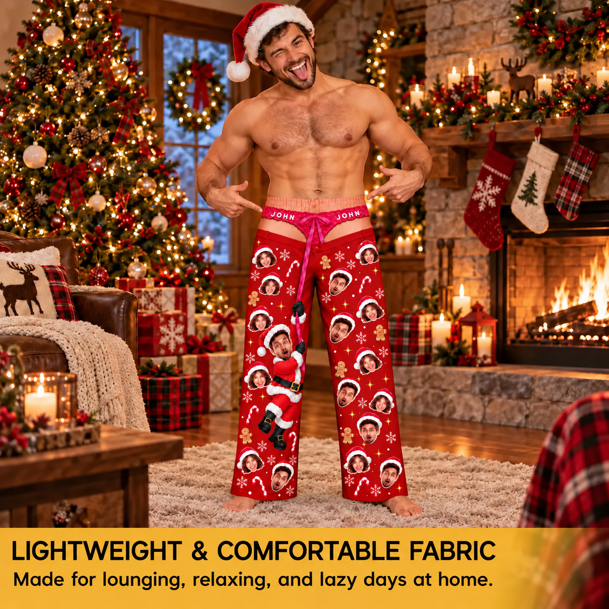 Custom Face Christmas Pajama Pants Funny Photo Print Holiday Thong Underwear Bottoms