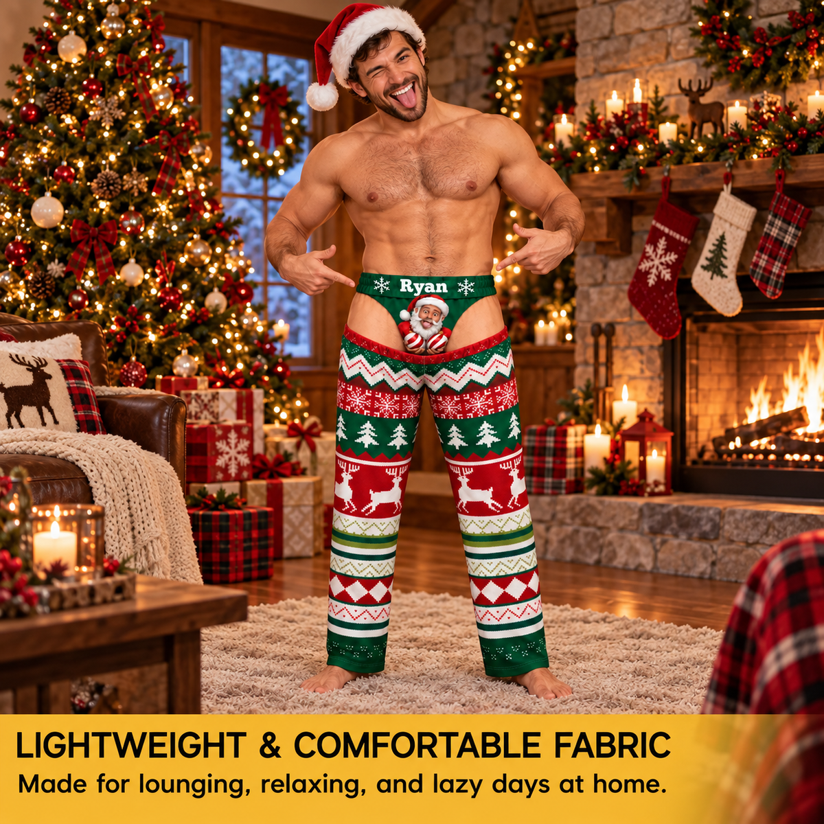 Custom Face Christmas Pajama Pants Personalized Photo Print Thong Underwear Loungewear