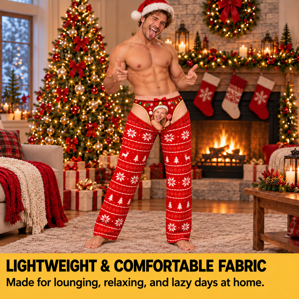 Custom Face Christmas Pajama Pants Funny Photo Print Holiday Thong Loungewear Set