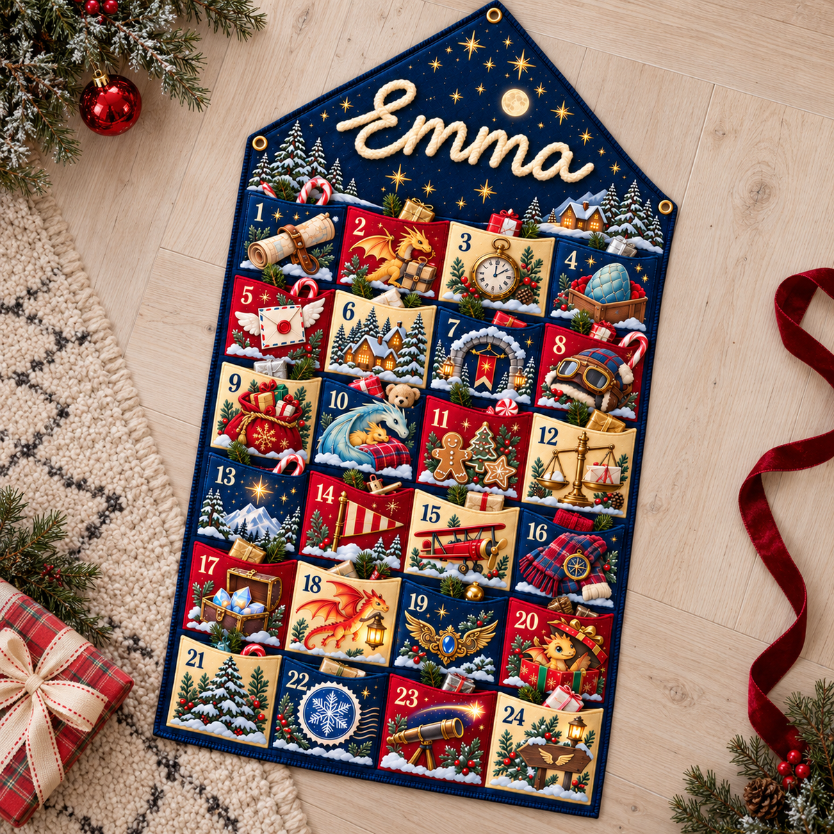 Custom Name Blue Embroid Christmas Advent Calendar Dragon Fantasy Wall Hanging Pocket