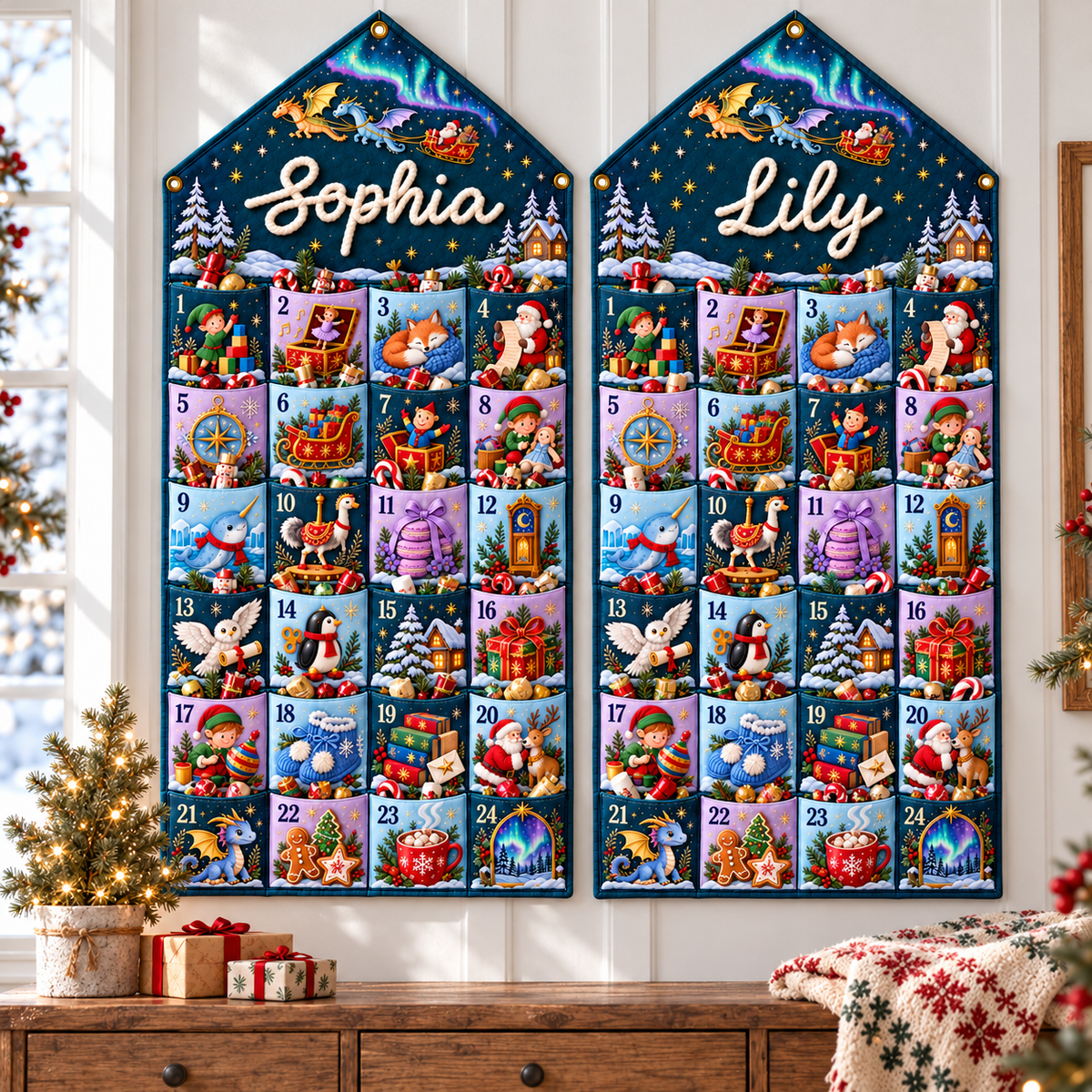 Custom Name Embroid Christmas Advent Calendar Fantasy Dragon Santa Wall Hanging Pocket
