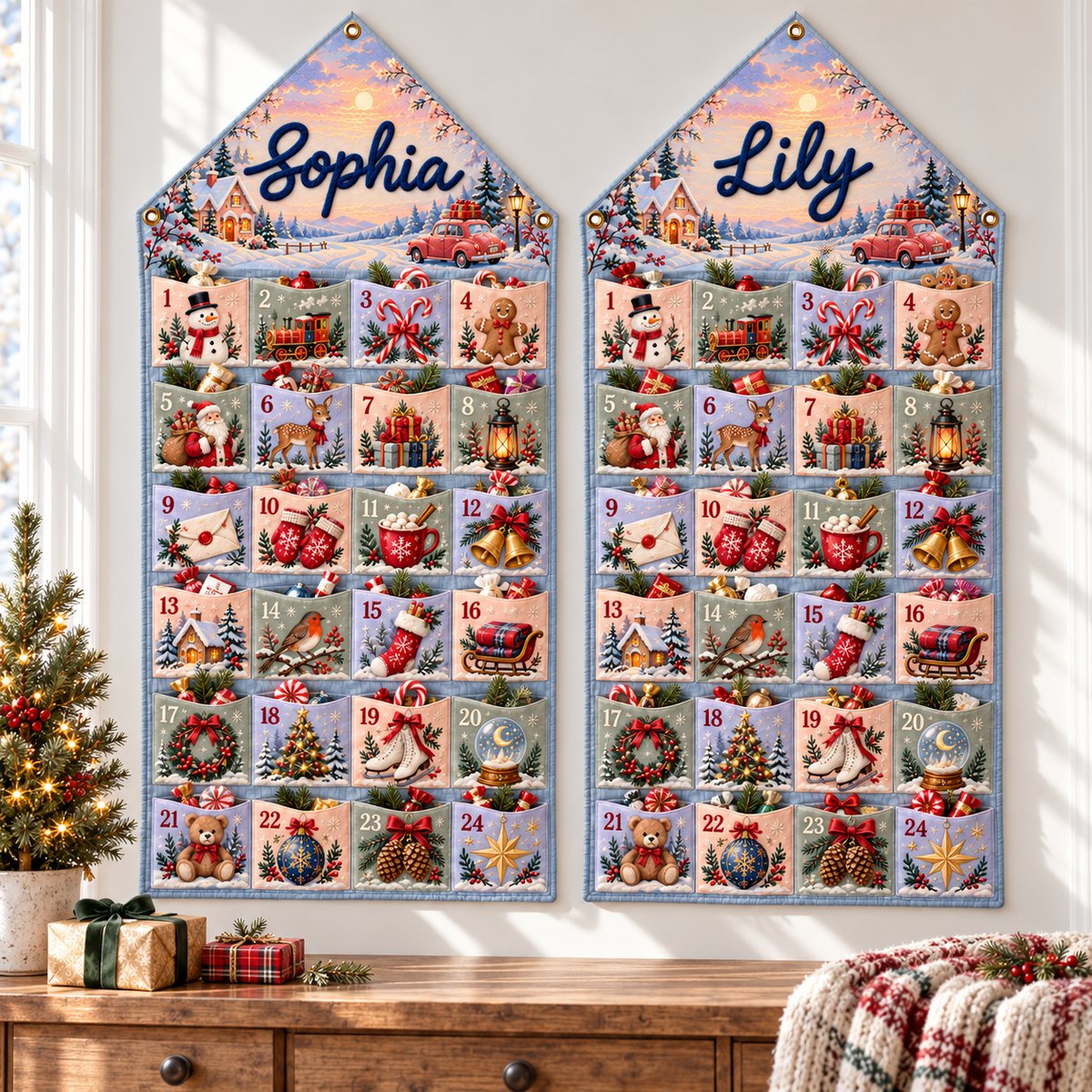 Custom Name Embroid Christmas Advent Calendar Winter Village Snowman Wall Hanging Pocket