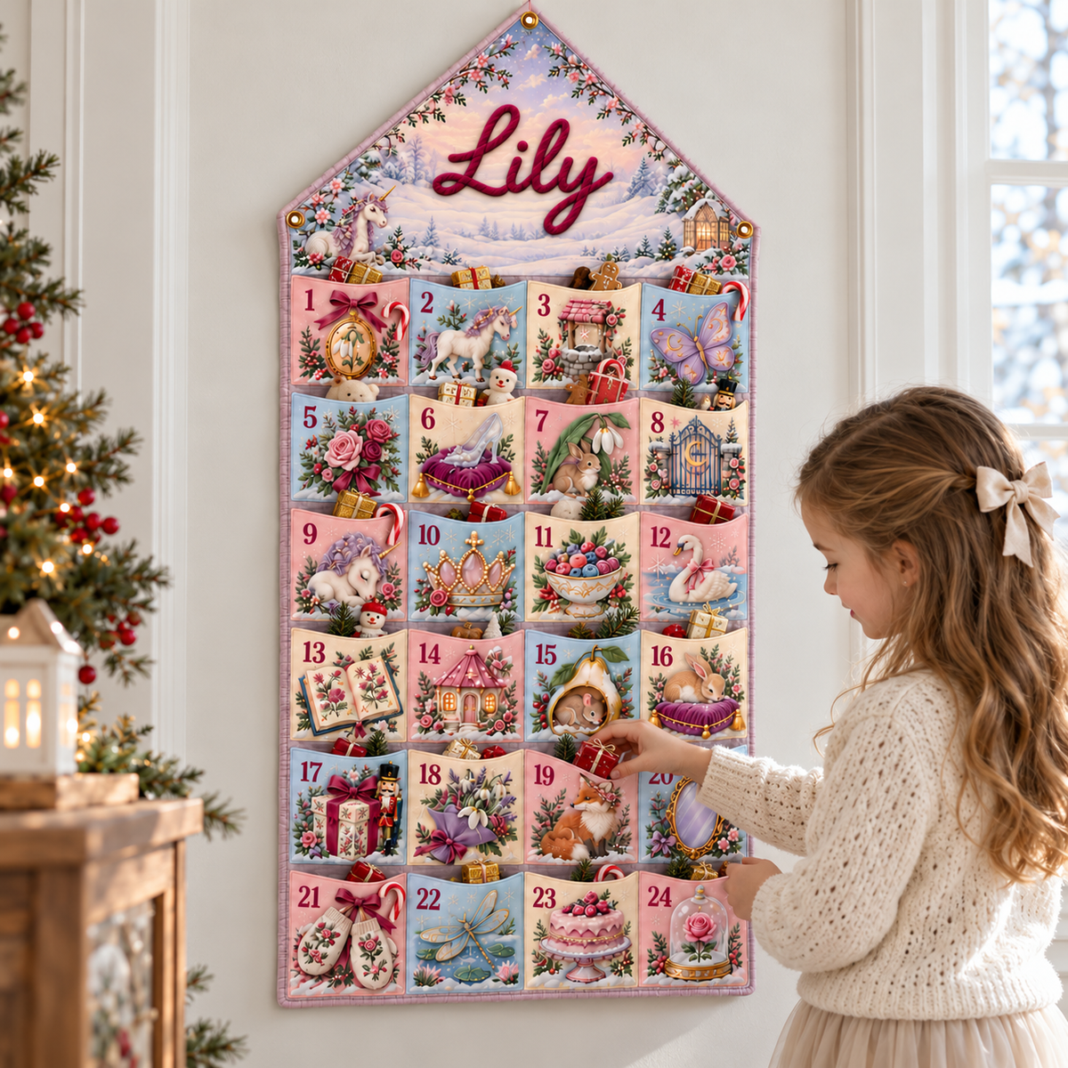 Custom Name Embroid Christmas Advent Calendar Princess Unicorn Wall Hanging Pocket