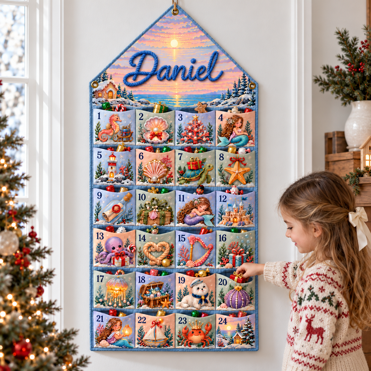 Custom Name Embroid Christmas Advent Calendar Mermaid Coastal Wall Hanging Pocket