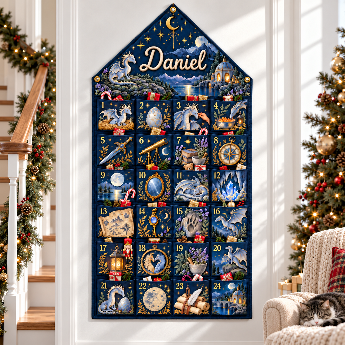 Custom Name Embroid Christmas Advent Calendar Dragon Fantasy Hanging Pocket Tapestry