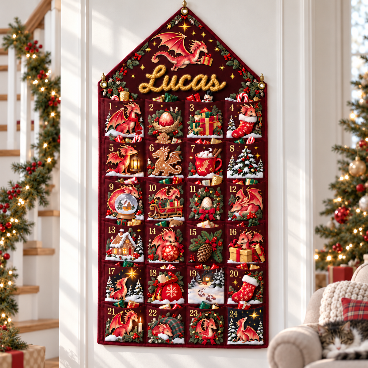 Custom Name Embroid Christmas Advent Calendar Baby Dragon Hanging Pocket Tapestry
